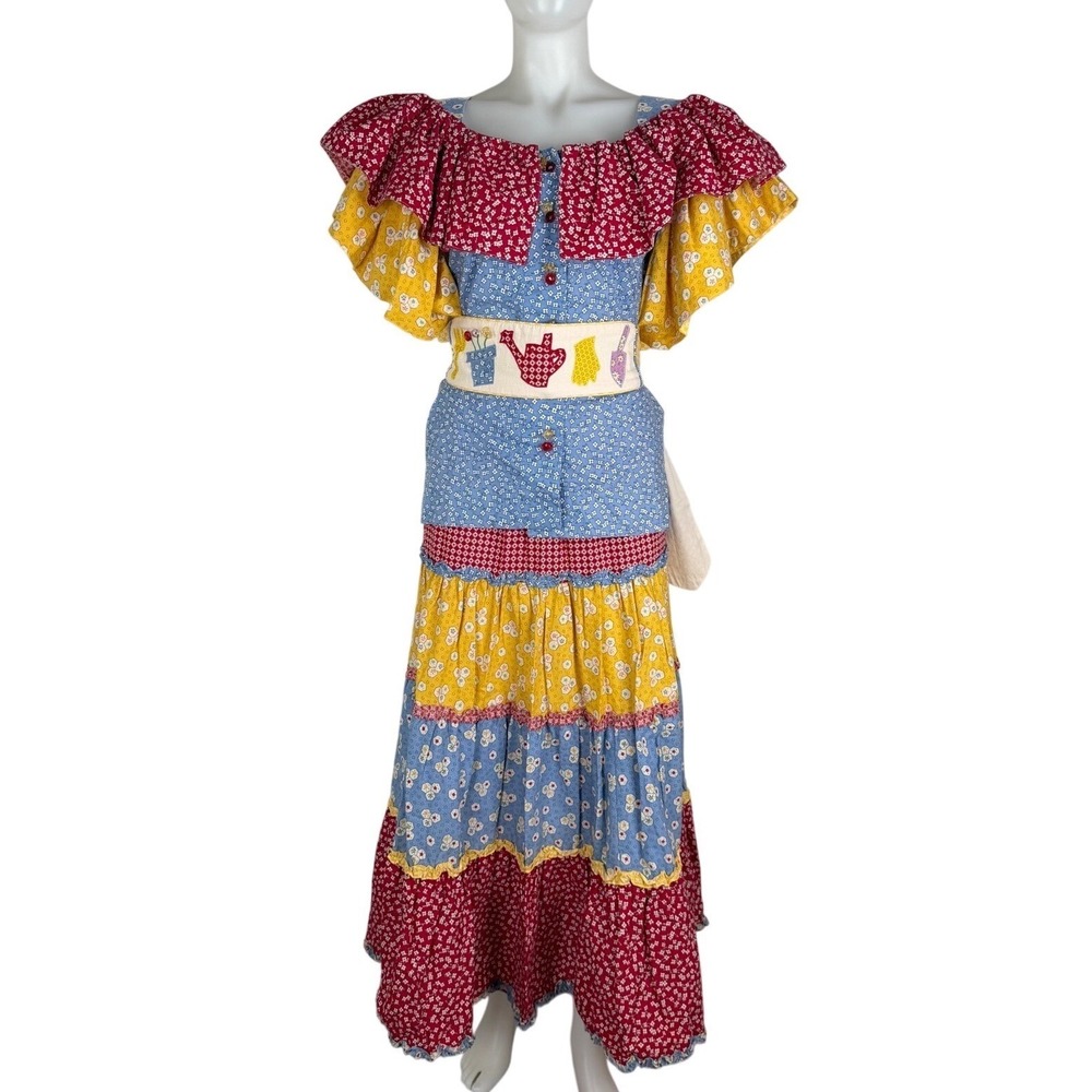 90s Carolyn Rothwell 3pc Set Floral Patchwork Print Tiered Skirt Ruffle Top S